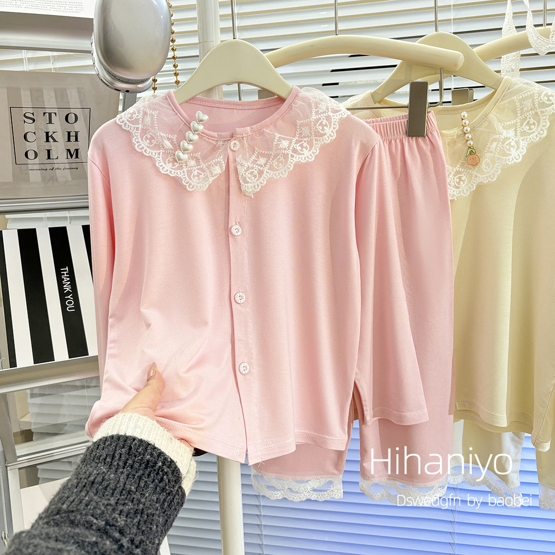 Traje modal para niños, chaqueta de punto delgada de verano para niñas, ropa de aire acondicionado de manga larga, pijamas de servicio a domicilio para padres e hijos para niños grandes