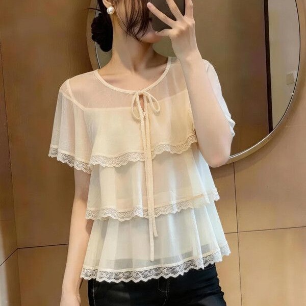 Gentle Style Ruffled Lace-Up Chiffon Shirt for Women, Summer Plus-Size, Elegant and Slimming Top That Hides the Belly Gentle Style Ruffled Lace-Up Chiffon Shirt for Women, Summer Plus-Size, Elegant and Slimming Top That Hides the Belly