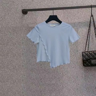 Summer New Korean Style Sexy Slimming Look Round Neck Short-sleeved Pure Color Short Top