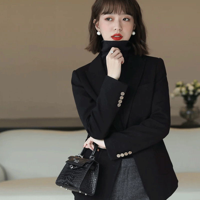 Black Slim Wool Suit Jacket Women's Fashionable Elegant One Button Workplace Slim-fit Suit Top