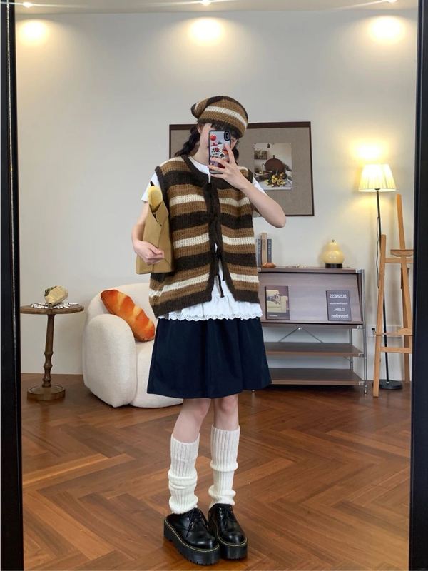 韩系彩虹条纹毛衣背心女2025早秋新款设计感撞色减龄针织坎肩上衣|undefined