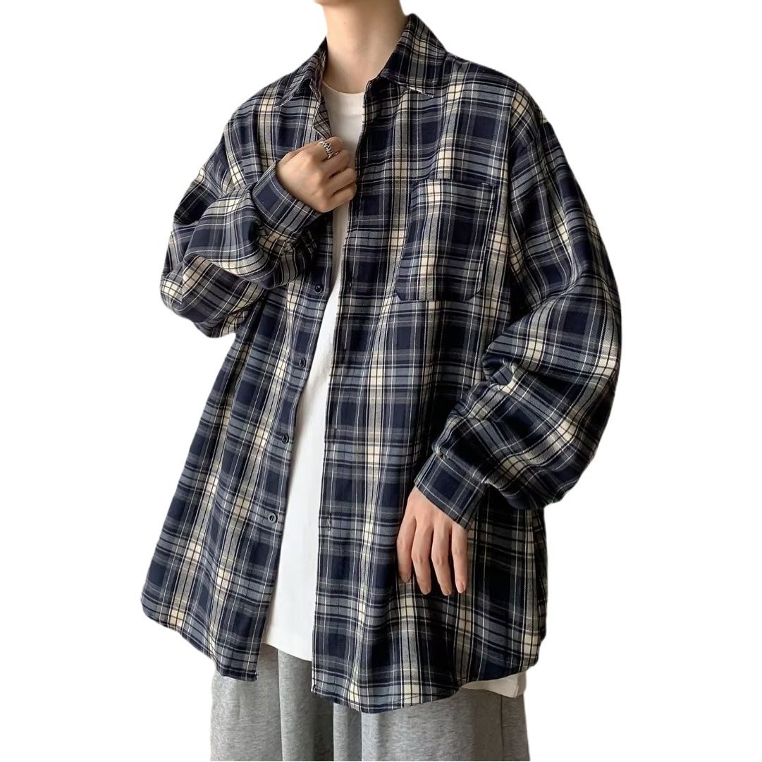 Camisa a cuadros retro japonesa de manga larga para hombre Primavera y otoño Nueva chaqueta de camisa de hombre suelta casual de alto grado