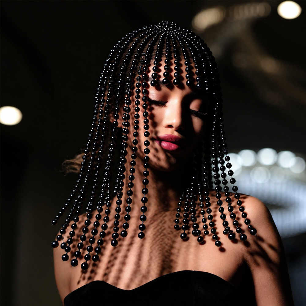 Cross-Border New Black Bead Hair Chain Retro High-End Tassel Headdress Cosplay Stage Fashion Party Hair Accessories
