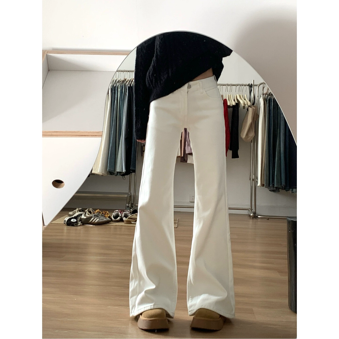 Универсальные расклешенные брюки с низкой талией, свободные от ног, женские джинсы в пол, новые американские горячие девушки, стройнящий силуэт, широкие брюки.