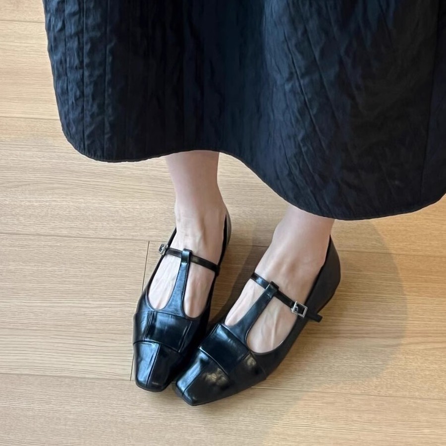 Mary Jane Leather Pumps With T-strap And Square Toe For Women_voghion.com