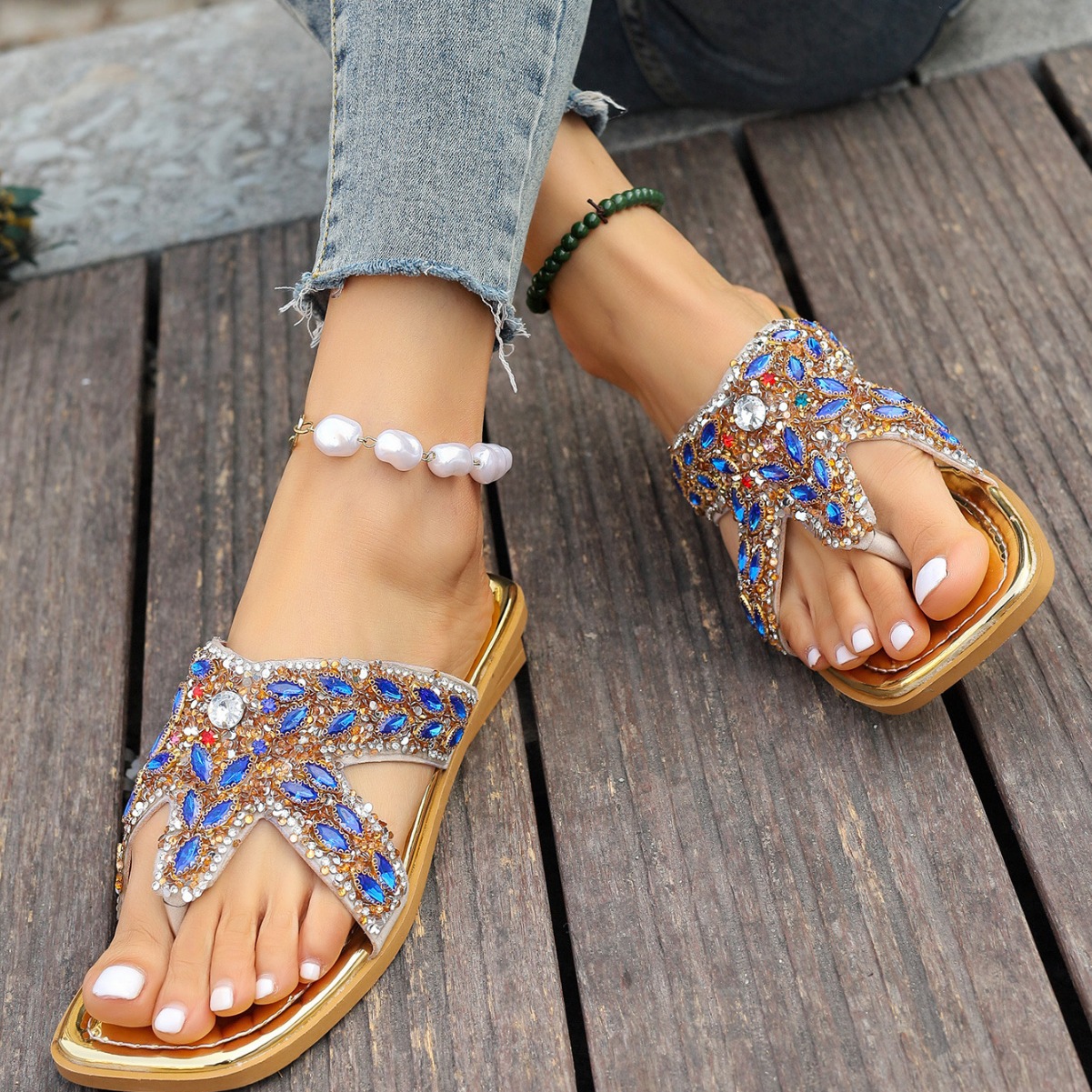 Klapki w stylu boho z ozdobami z diamentów, płaskie, płaskie, z noskiem typu clip nosek, sandały w dużych rozmiarach_voghion.com