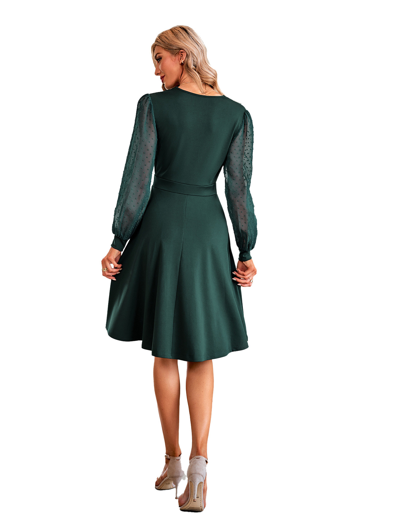 Fashion Solid Color V Neck Long Sleeve Jacquard Polyester Dresses Knee-Length A-Line Skirt