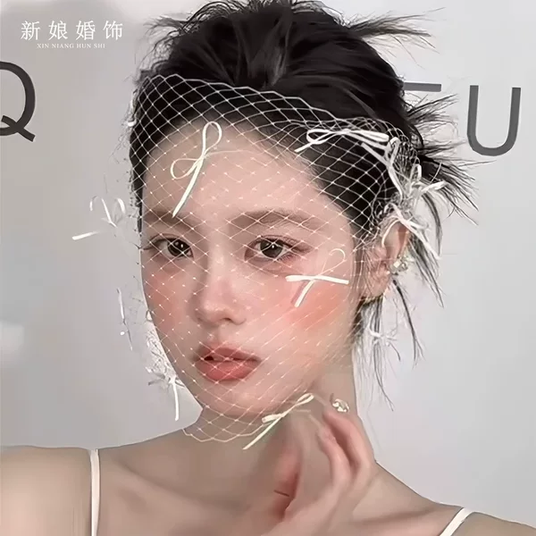 French Bow Mesh Half-Face Headdress Wedding Dress Bridal Veil Princess Style Mask Hair Accessories