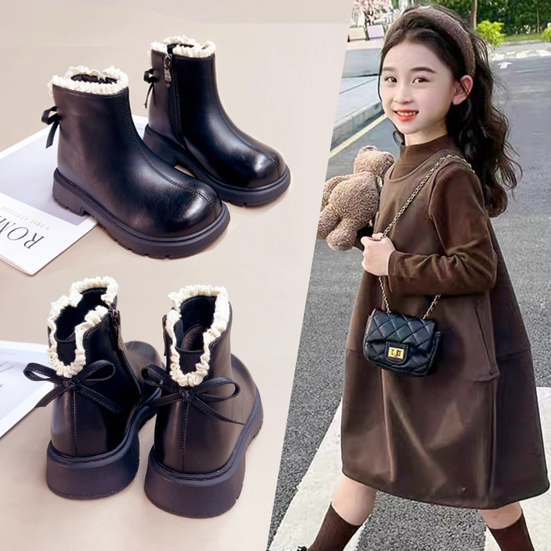Girls' Boots and Kidsren's Shoes 2025 Autumn and Winter New Kidsren's Single Boots Lace Lace Short Boots Soft Sole Princess Boots