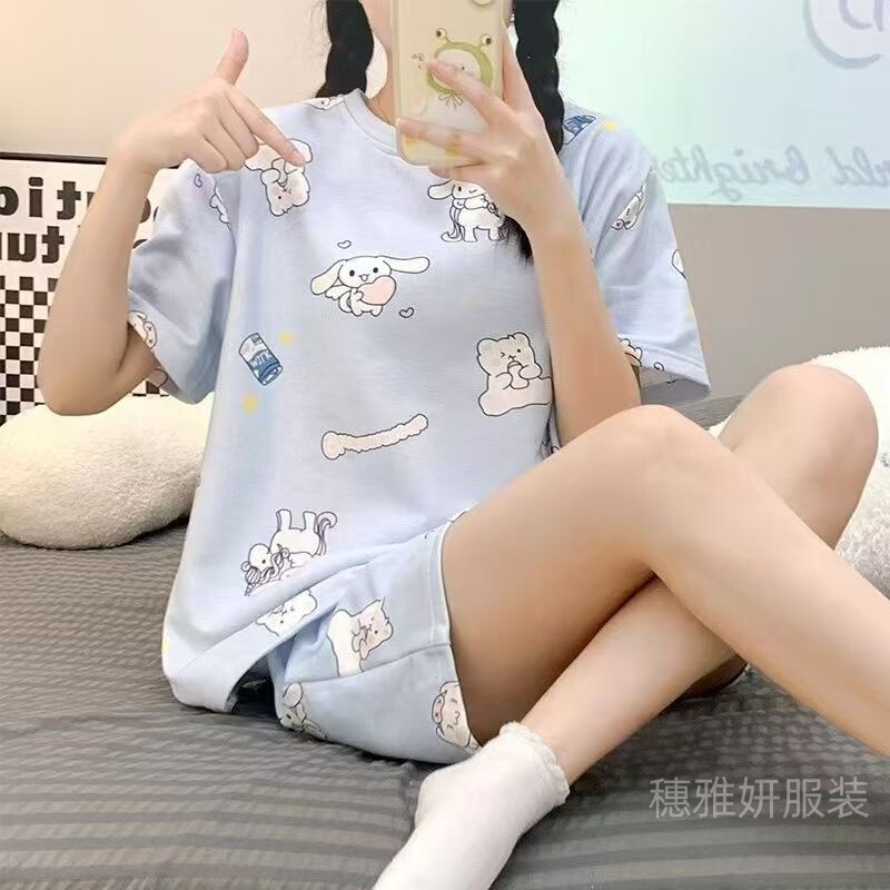 外贸pajamas跨境工厂直销短袖睡衣家居服女夏家居服卡通短裤套装|undefined