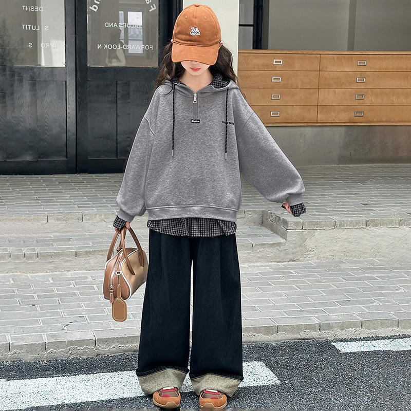 跨境女童拼色连帽格子卫衣春秋2025新款韩版中大童时尚休闲套头衫|undefined