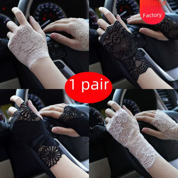Factory direct sunscreen lace gloves half finger women's summer thin driving finger scar tattoo half decoration wholesale