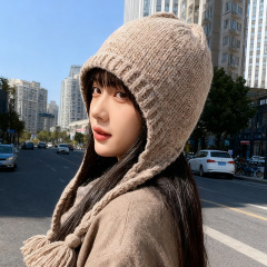 甜美流苏针织帽女秋冬防寒保暖护耳毛线帽户外系带包头百搭套头帽