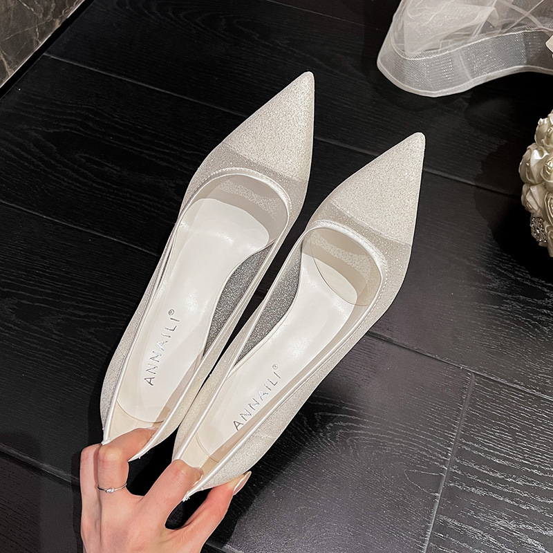Mesh Pointed High Heels Women's 2023 New Sexy Lace White Wedding Shoes Banquet Dress Champagne Bridesmaid Shoes