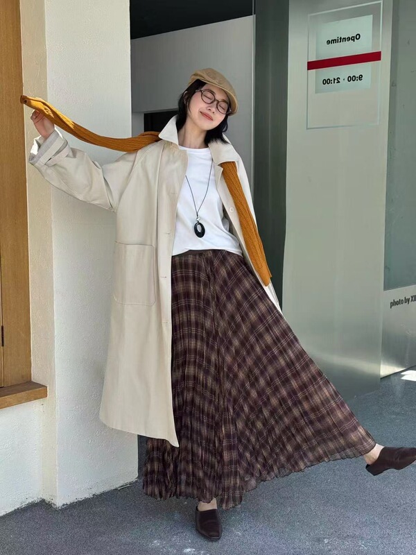 百褶格子半身裙女025秋冬新款高腰显瘦百搭A字裙中长款大摆伞裙子|undefined