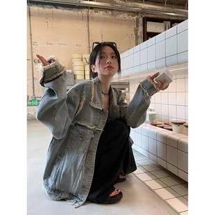 Retro frayed distressed ripped Denim coat for women Spring and Autumn loose casual all-matching workwear jacket trendy ins top