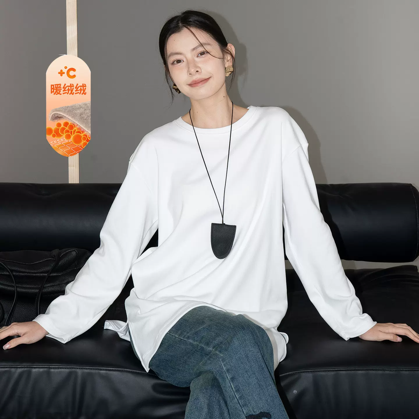 白色双面德绒打底衫女内搭保暖~ 2025冬季磨毛中长款长袖T恤上衣