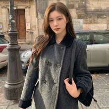 现货 2025冬季新款韩国东大门八奶复古丝绒翻领中长款大衣外套女