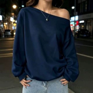 外贸春秋季女装美式斜肩卫衣宽松斜角肩慵懒风露肩长袖上衣批发
