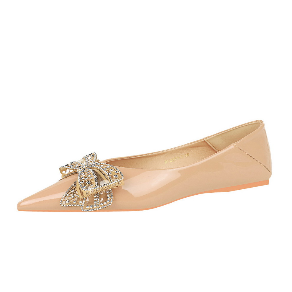 2873-H39 Korean Fashion Banquet Flat Shoes Lacquer Leather Shallow Mouth Pointed Water Diamond Bow Single Shoe Flat Heel Women's Shoes