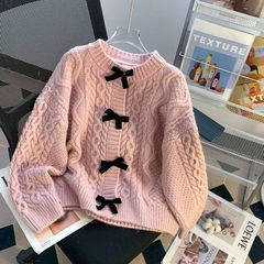 2025新款粉色蝴蝶结麻花开衫女秋冬宽松甜美毛衣针织外套针织开衫