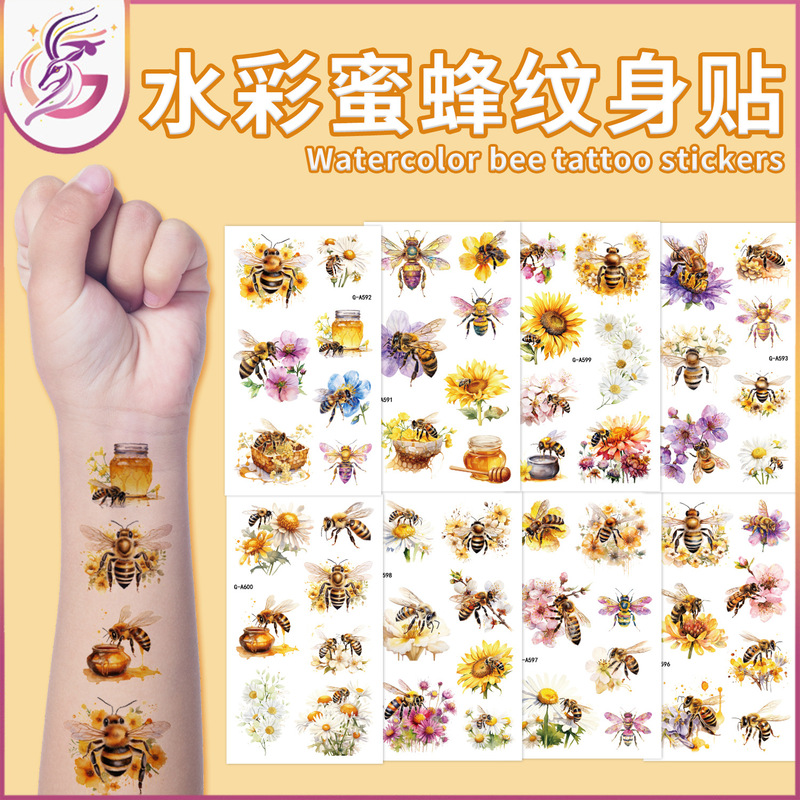 Cross Border Realistic Bee Tattoo Sticker Bright Watercolor Yellow Flower Room Decorative Objects Temporary Tattoo Sticker