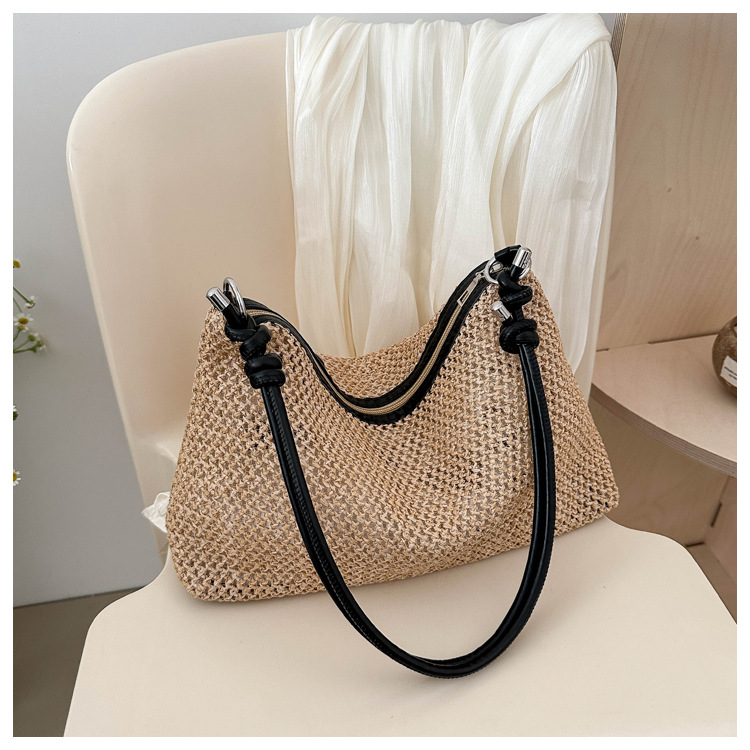 114g Weight Polyester Lining Material Weave Fashion Element Zipper Closure Type Single Shoulder Strap Strap Type Underarm Bag Bags Type Daily, Street, Shopping Occasion Straw Material New Year Festival Solid Color Pattern All Seasons Season Women's Gender Streetwear Style Square Shape Large Size Women's Large Straw Solid Color Streetwear Weave Square Zipper Underarm Bag 3