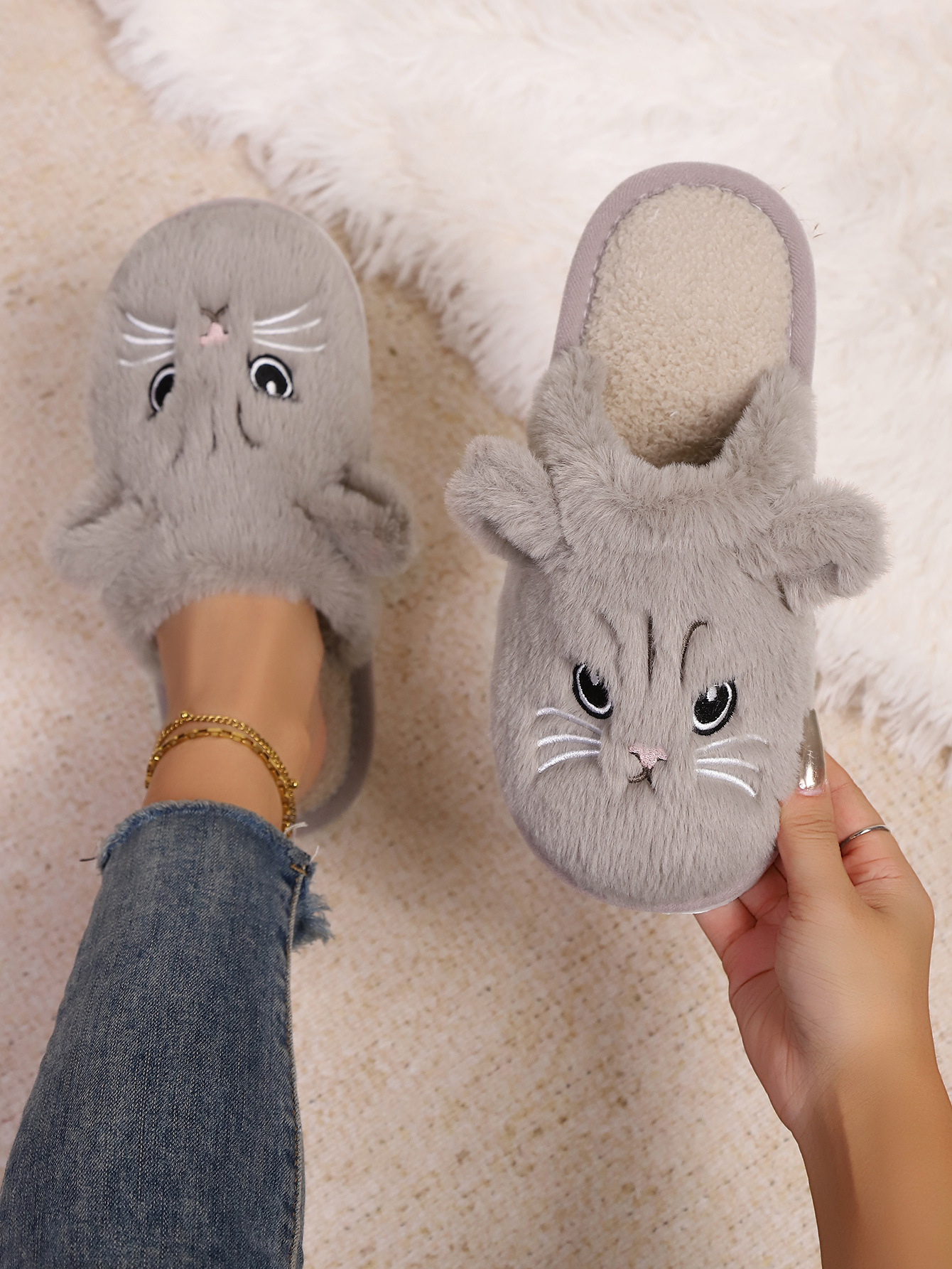 Baotou transfronterizo damas otoño invierno interior y exterior soleas cálidas de peluche zapatillas de algodón zapatillas de espuma EVA suela