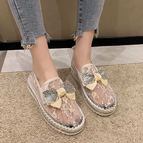Women's single shoes  spring new one-legged thick-soled lazy casual Korean style rhinestone bow shoes trendy generation