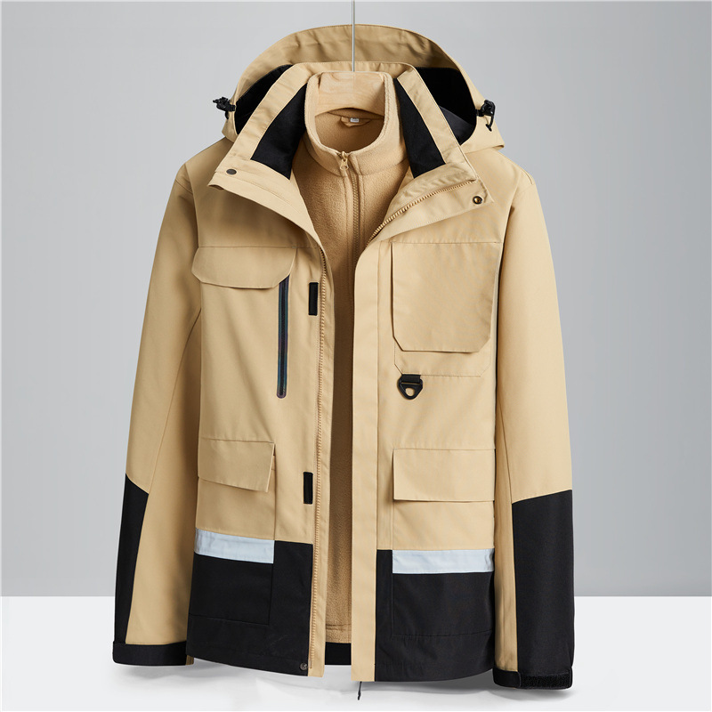 Removable Two-piece Soft Shell Jacket Three-in-one Loose Polar Fleece Liner Men's Windproof Hooded Mountaineering Jacket