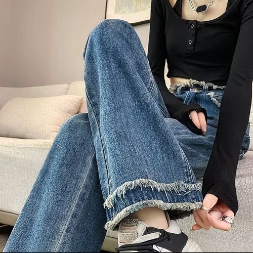Youth fashion high street high waist narrow wide leg jeans women's new blue loose raw edge straight floor mopping trousers