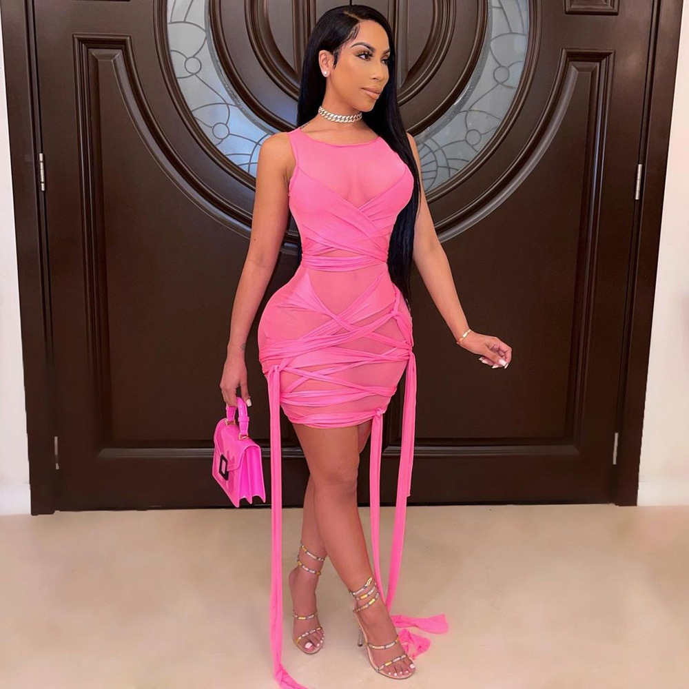 Solid Color Pattern Summer Season Wholesale Women'S Sexy Fashion Streetwear Patchwork Solid Color Holiday Daily Round Neck Sleeveless Bandage Dress Bodycon Dress