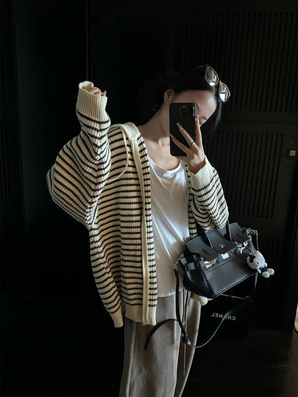 杏色抽绳连帽条纹针织开衫女秋季韩版宽松百搭上衣外套|undefined