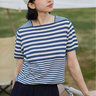 2025夏季新品亚麻棉混纺蓝白条纹短袖方领T恤女针织衫百搭上衣