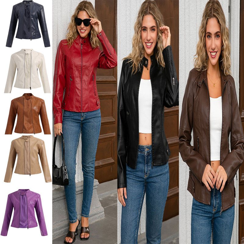 Cross-Border European Size Women's Leather Jacket, Slim-Fit Jacket, Women's Motorcycle Jacket, Large Size Stand-Up Collar Leather Jacket, Elegant Temperament