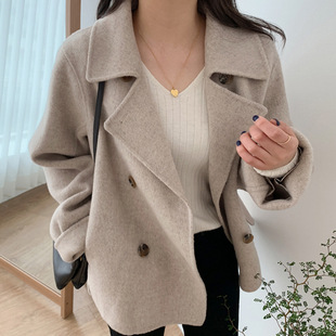 Korean Chic2025 Autumn and Winter French Style Suit Collar Double-Breasted Loose Casual Long-Sleeved Warm Woolen Outwear