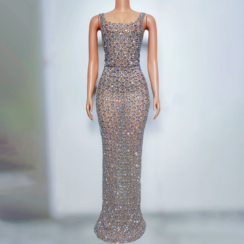 Long Dropping Rhinestone Slim-fit Elegant Evening Dress Singer Performance Dress Host MC Wedding Party Party Ball