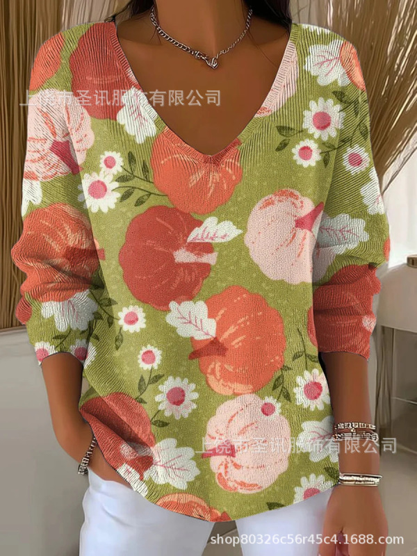 欧美跨境独立站新款3D印花女士时尚渐变色V领长袖T恤上衣|undefined