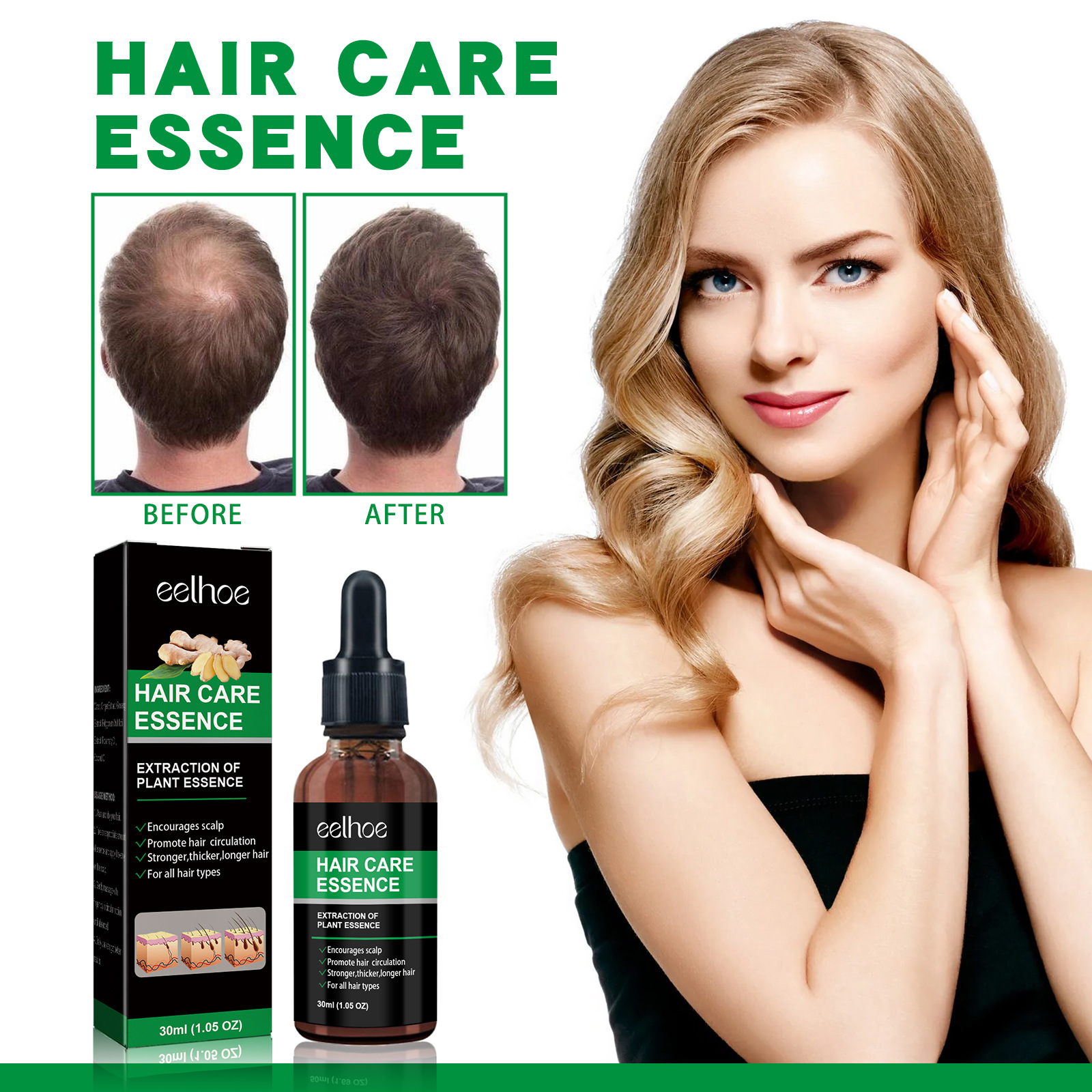 eelhoe Ginger Thick Hair Essence Hair Anti-Fall Firming Hair Roots Thick and Strong Repair Moisturizing Scalp Care_voghion.com