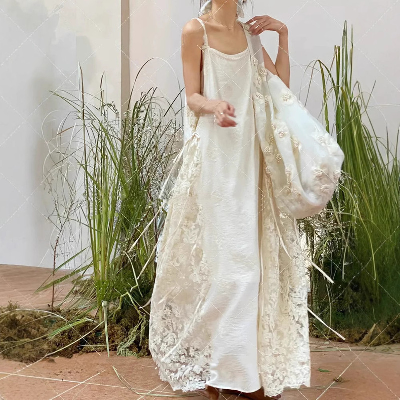 French Niche Sleeveless Sling dress Spring New Women's Stacked Lace Stitching Skirt Holiday Fairy Skirt