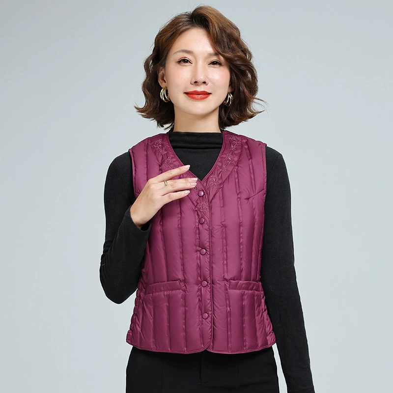 Keep warm vest with down for mother, increased thickness, with embroidery, duck down, for middle age