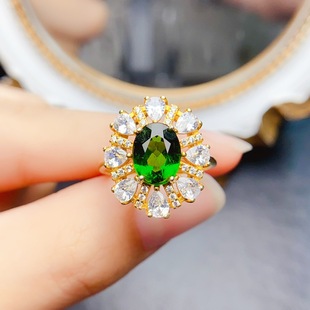 New natural diopside ring S925 silver inlaid main stone 7*9mm Joker net red explosions women's jewelry wholesale