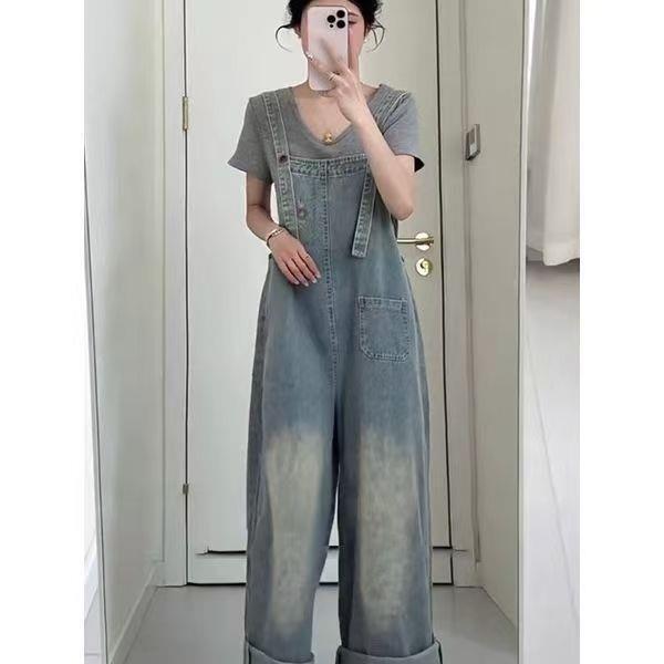 韩系感牛仔背带裤女装2025秋秋新款甜美休闲宽松阔腿长裤减龄|undefined