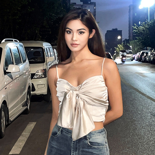 Stylish hot girl's sexy pearl white glossy acetate satin bow tie halter top