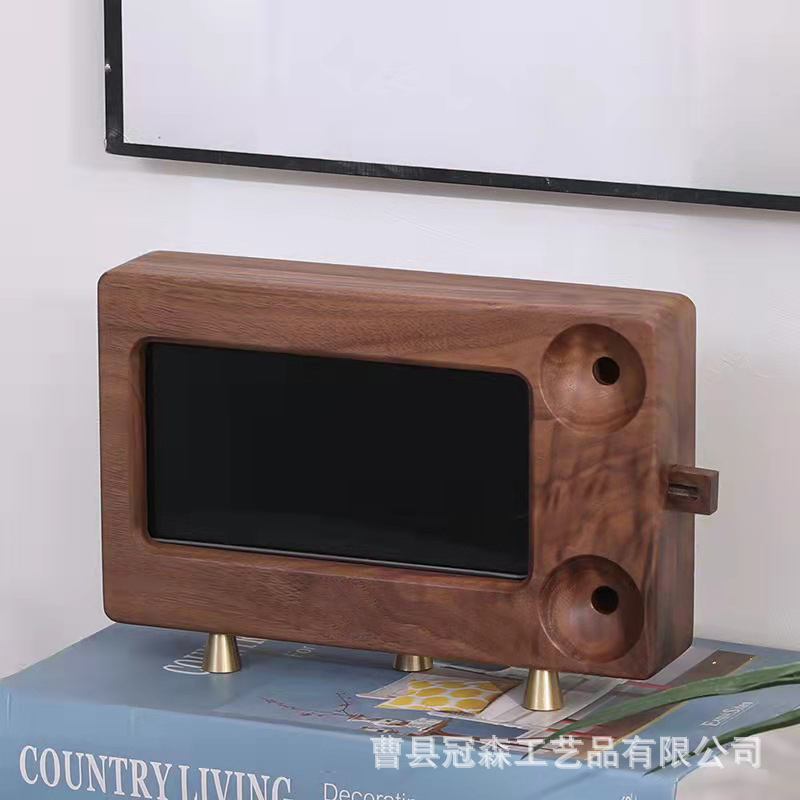 木质扩音器黑胡桃手机支架桌面便携创意木质扩音盒手机底座