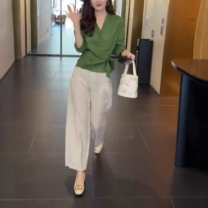 25689新大爱美依缘2025早秋新款V领系带上衣纯色阔腿裤显瘦时尚女|undefined