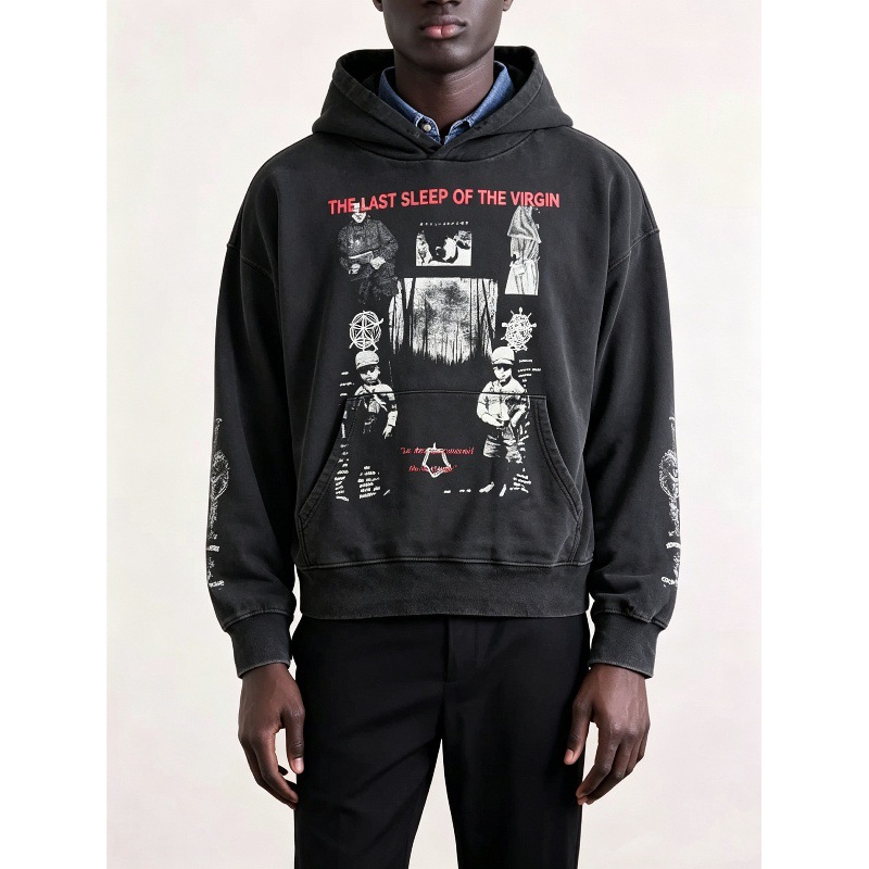 ERD melancholic, wealthy second-generation American retro-style printed hoodie, unisex, loose-fitting, distressed, pullover jacket, trendy