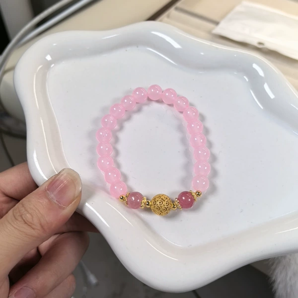 Hydrangea Peach Blossom Pink Crystal Bracelet (Glass Bead Style)