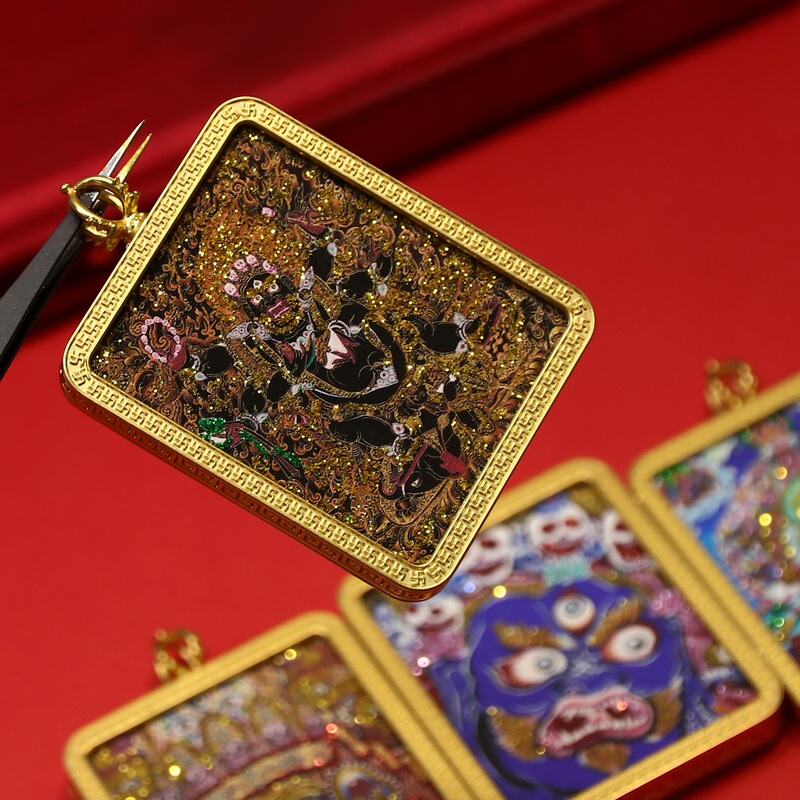 手绘彩金唐卡大黑天扎基拉姆生肖新款财神佛牌挂坠画芯批发|undefined