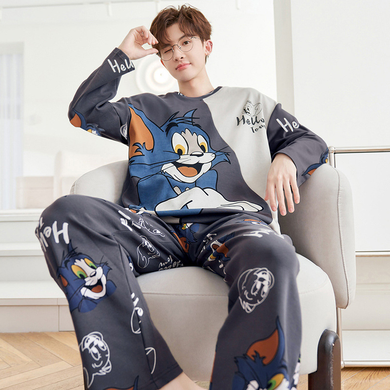 Tom Cat Cartoon Men's Pajamas Breathable and Plaid 2025 New Spring and Autumn Printed Suit Internet Celebrity Fashion Long Style